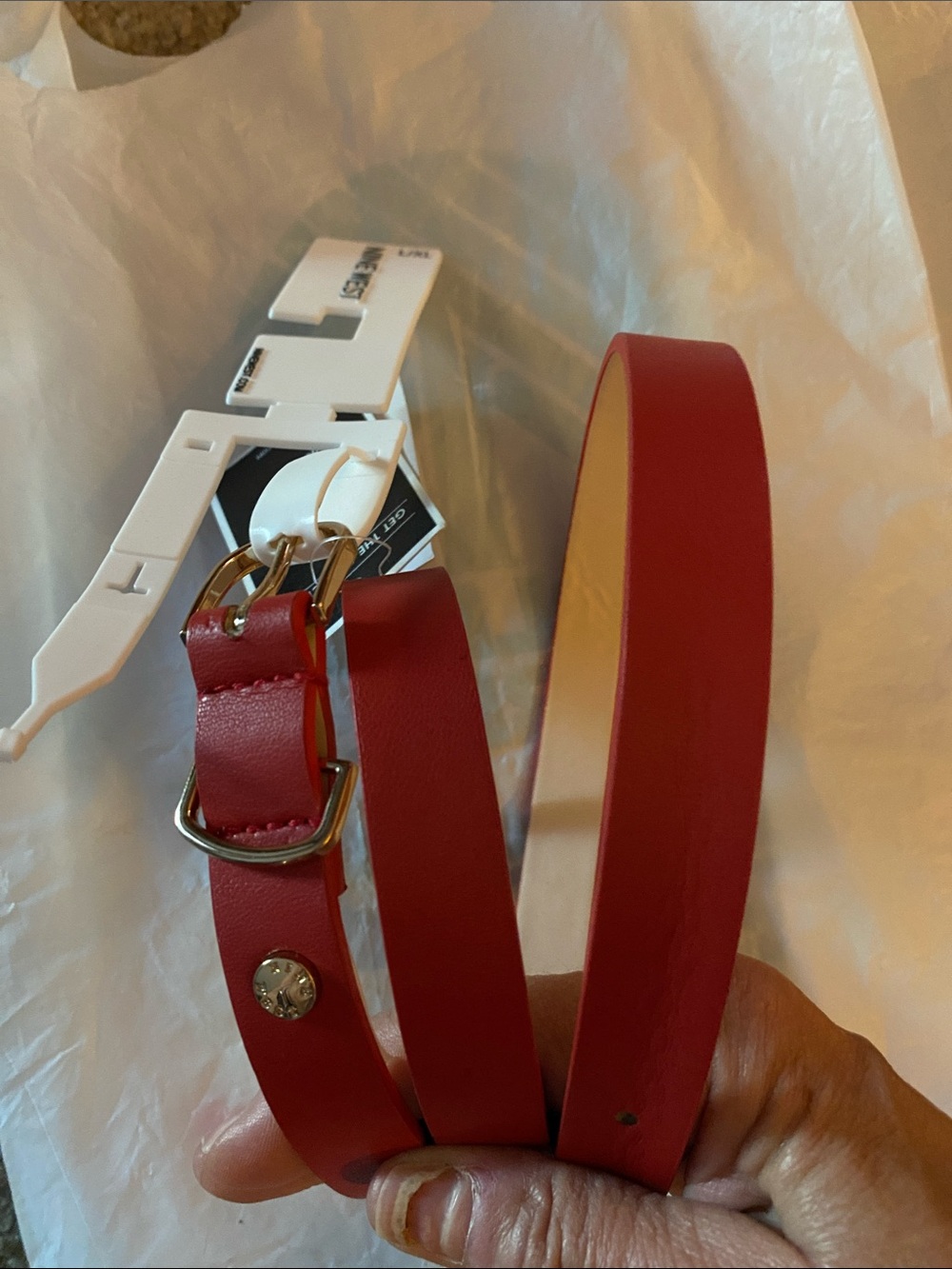 Nine West Red Slim Leather Belt with Gold-Tone Buckle